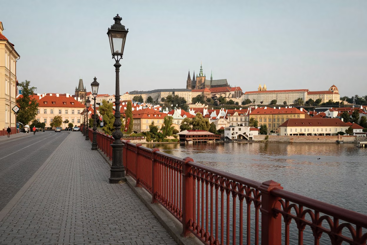 Prague Early Afternoon Street Scene with Red Railings and Boiling Water in in Prague, Czech Republic