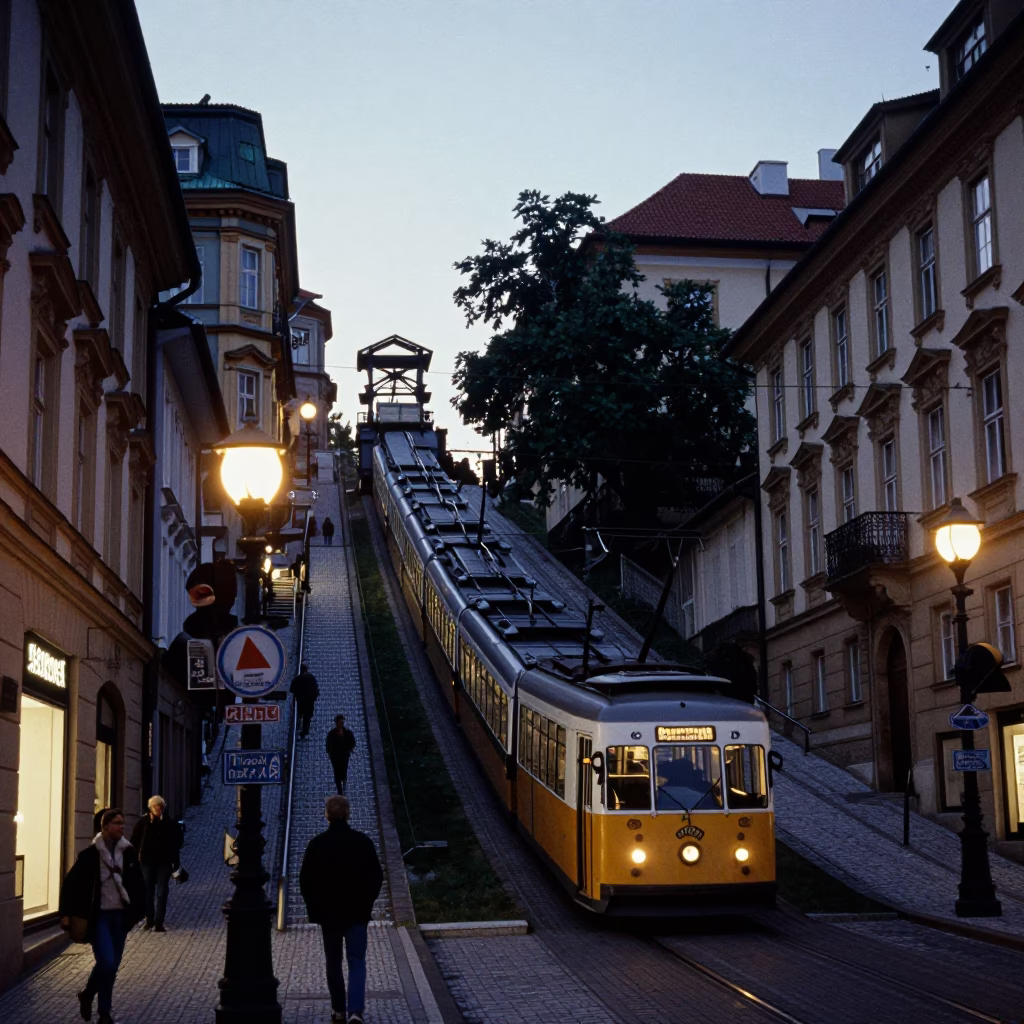 Prague Early Evening Street Scene with Funicular Railway and Terraced Gardens in in Prague, Czech Republic