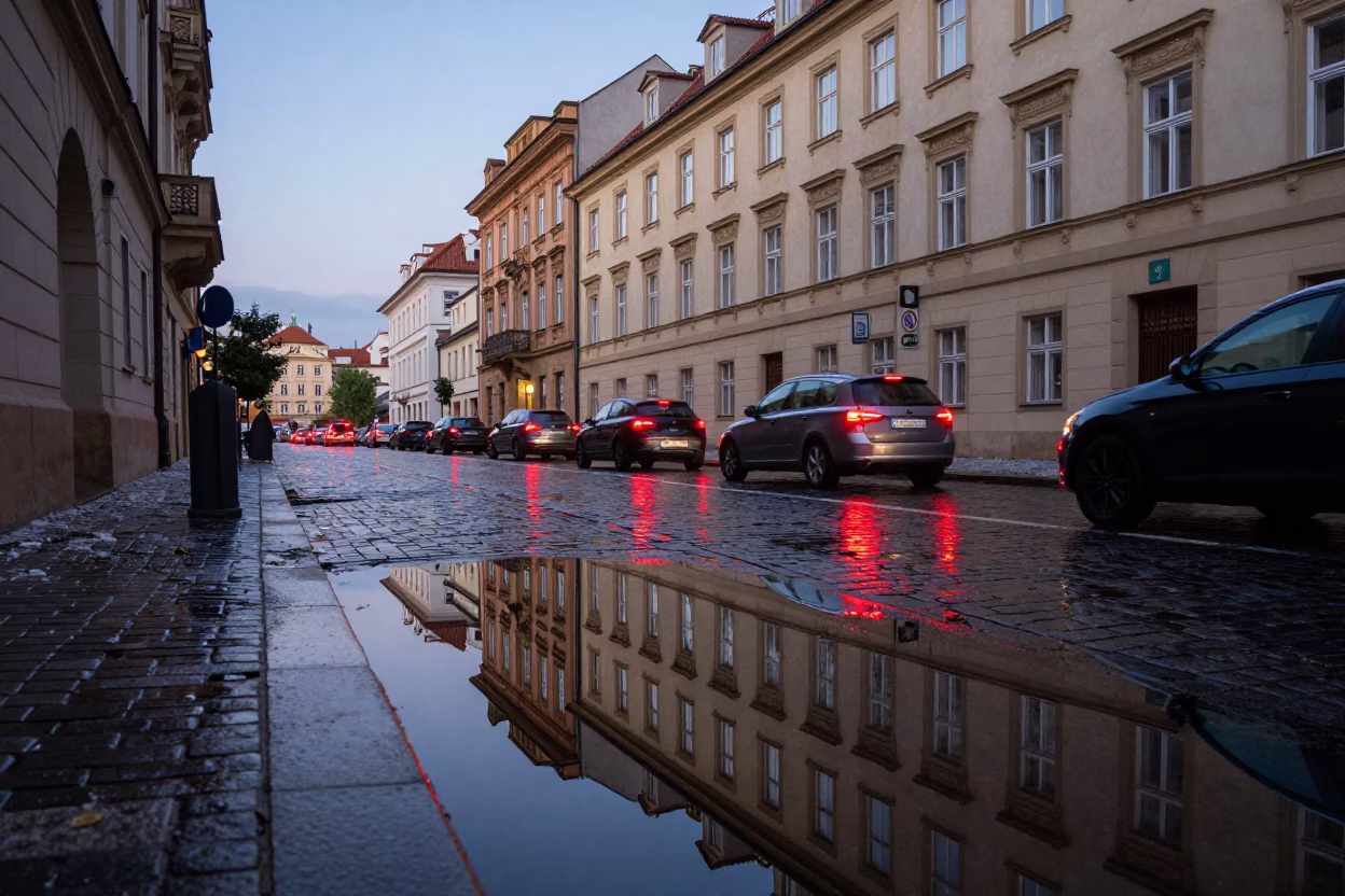Prague Early Evening Street Scene with Puddle Reflections of Hotel Windows and Tail Lights in in Prague, Czech Republic