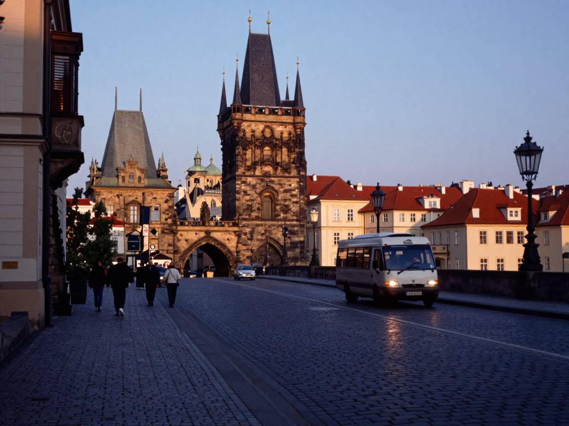 Prague Early Evening Street Scene with Punt Passing Under Gothic Stone Bridge and Pastries in in Prague, Czech Republic
