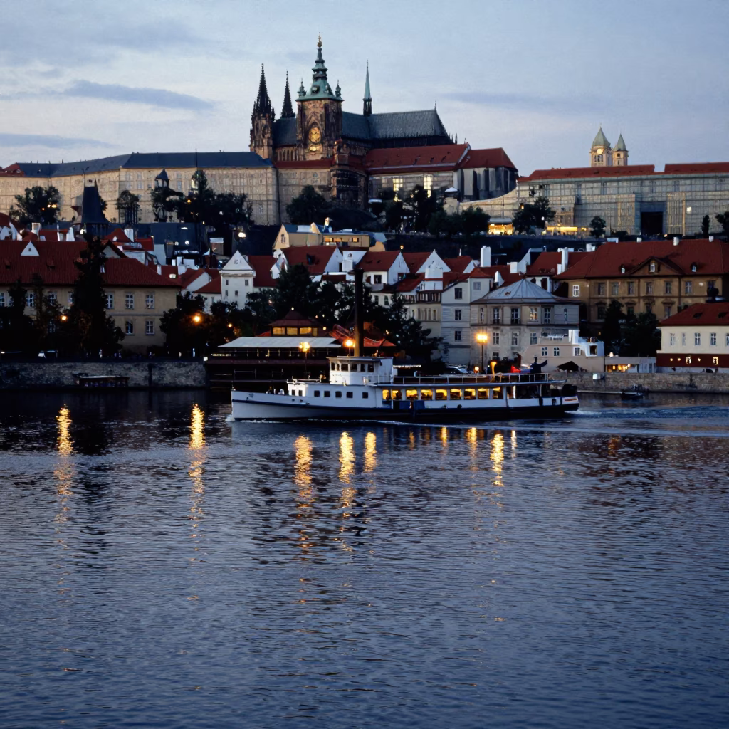 Prague Early Evening Street Scene with Steamship Reflection on Vltava River in in Prague, Czech Republic