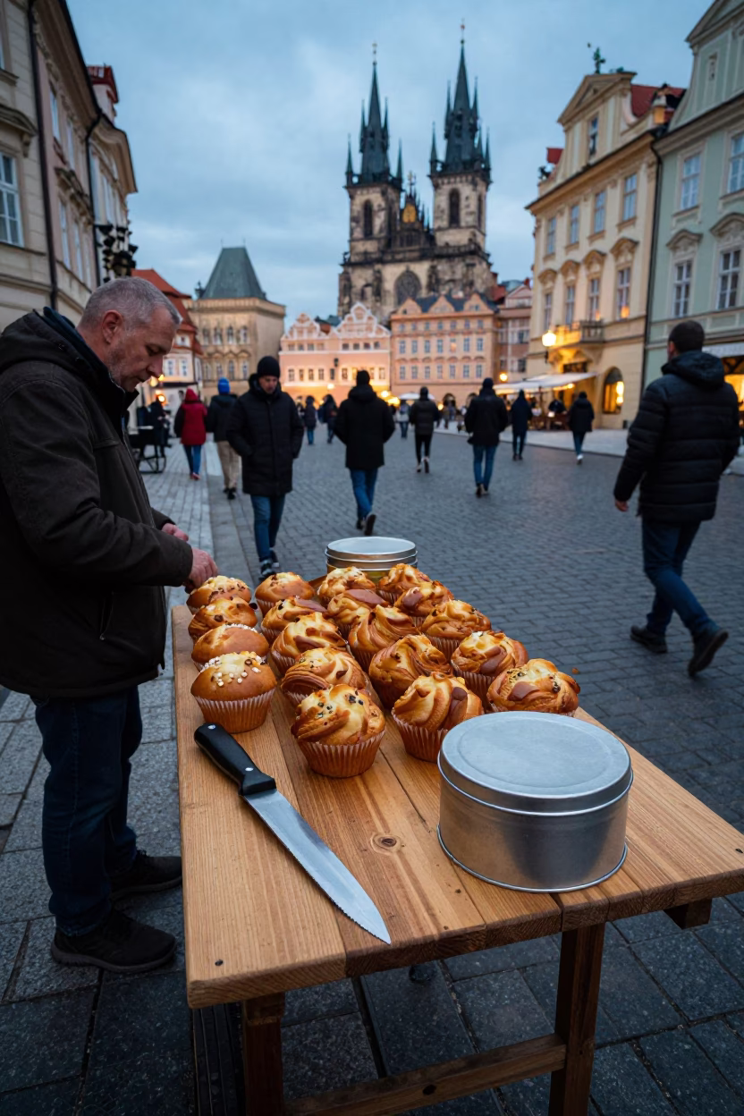 Prague Early Evening Street Scene with Traditional Czech Food and Local Life in in Prague, Czech Republic