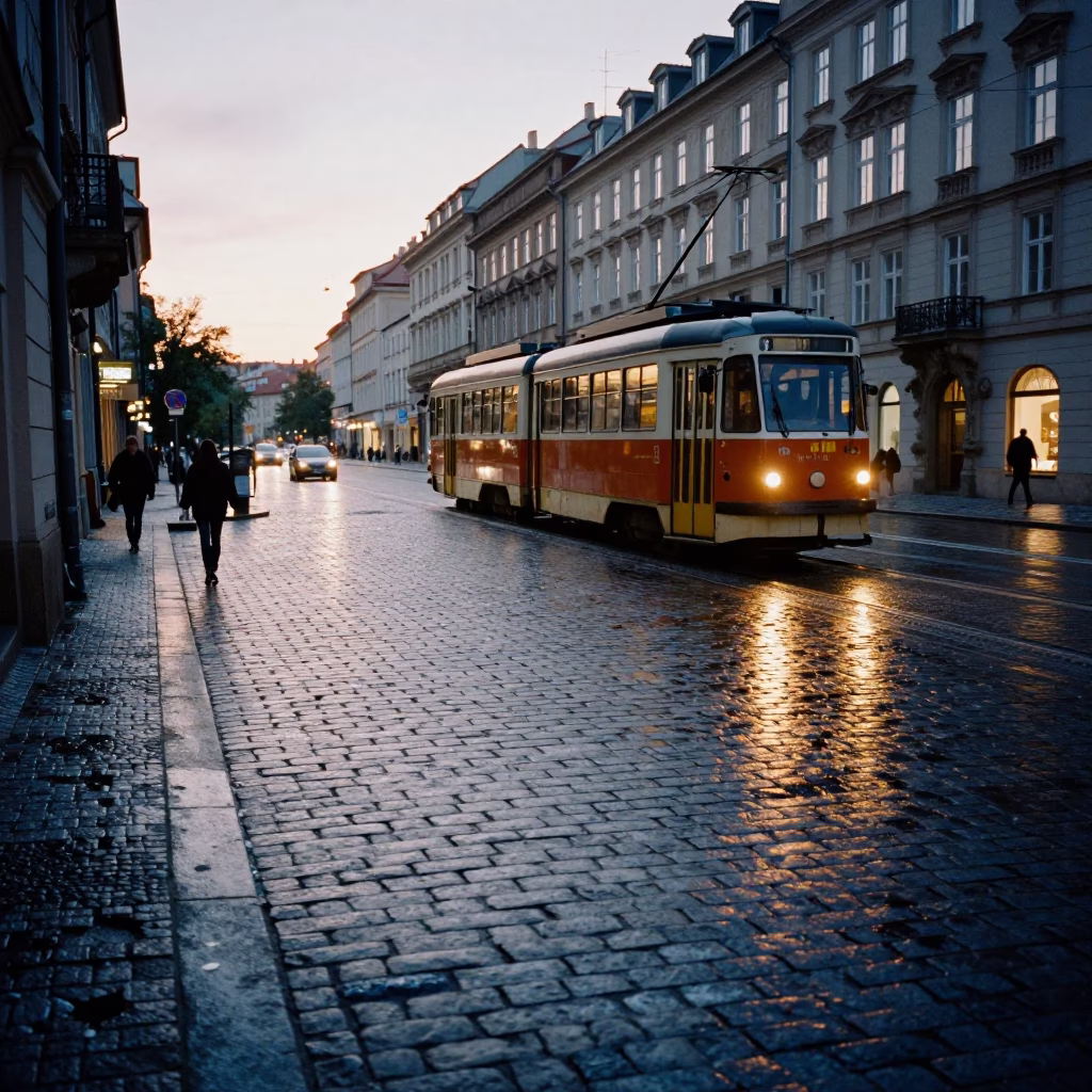 Prague Early Evening Street Scene with Vintage Tram and Cobblestone Pavement in in Prague, Czech Republic