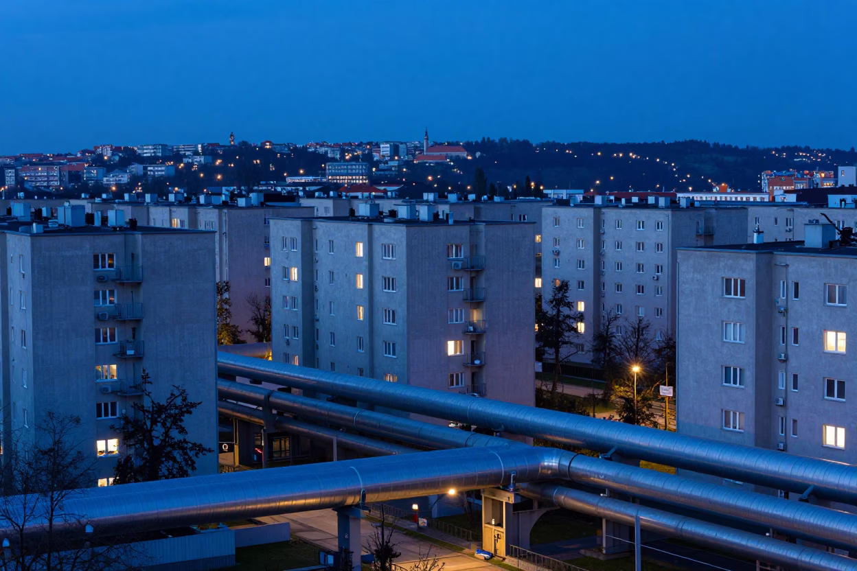 Prague Evening Blue Hour District Heating Pipes Between Concrete Apartment Blocks in in Prague, Czech Republic