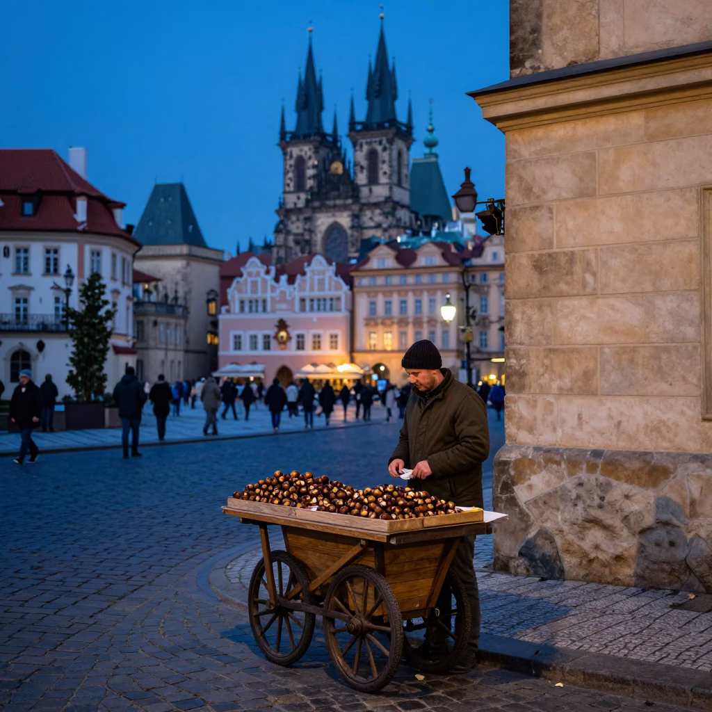 Prague Evening Blue Hour Street Scene with Local Vendor and Umbrella in in Prague, Czech Republic