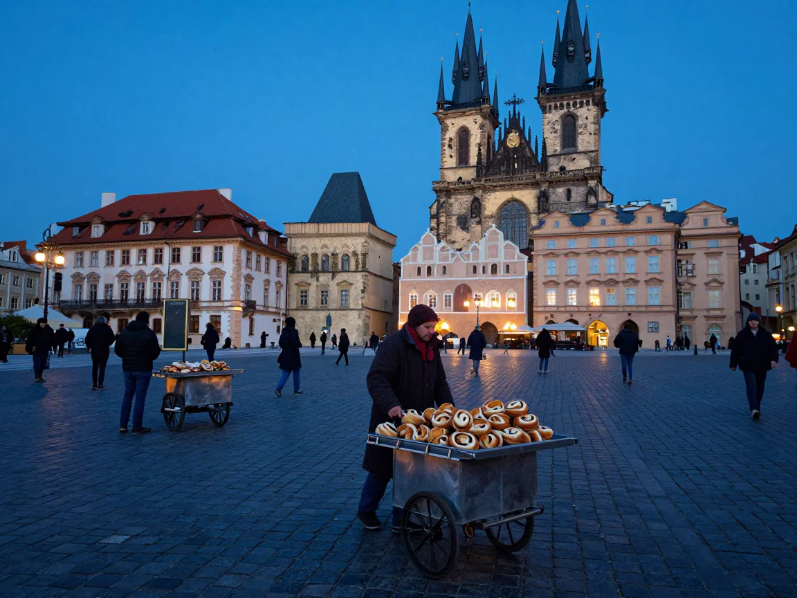 Prague Evening Blue Hour Street Scene with Rolling Carts and Cobblestone Architecture in in Prague, Czech Republic
