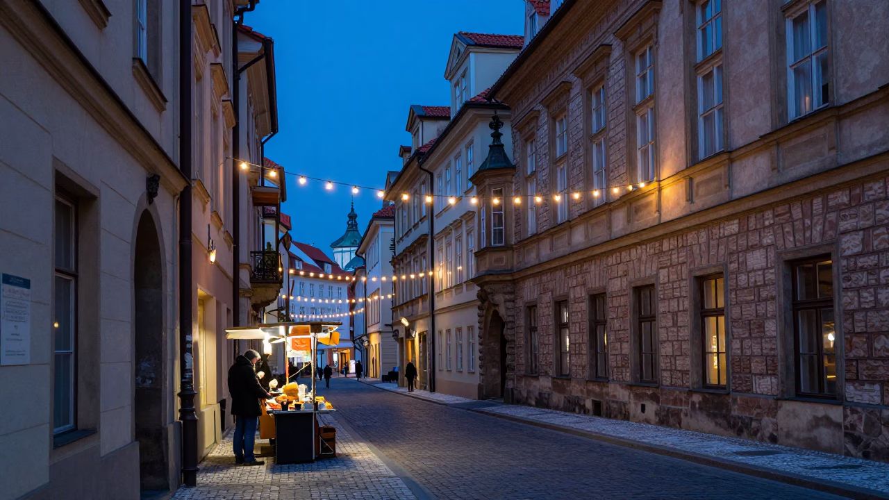 Prague Evening Blue Hour Street Scene with String Lights and Houseplants in in Prague, Czech Republic
