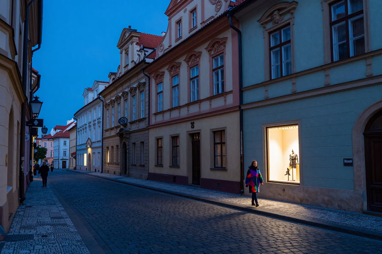 Prague Evening Blue Hour Street Scene with Traditional Architecture and Urban Life in in Prague, Czech Republic