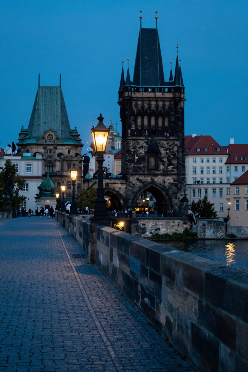 Prague Evening Blue Hour Street Scene with Vintage Safety Razor on Cobblestone in in Prague, Czech Republic
