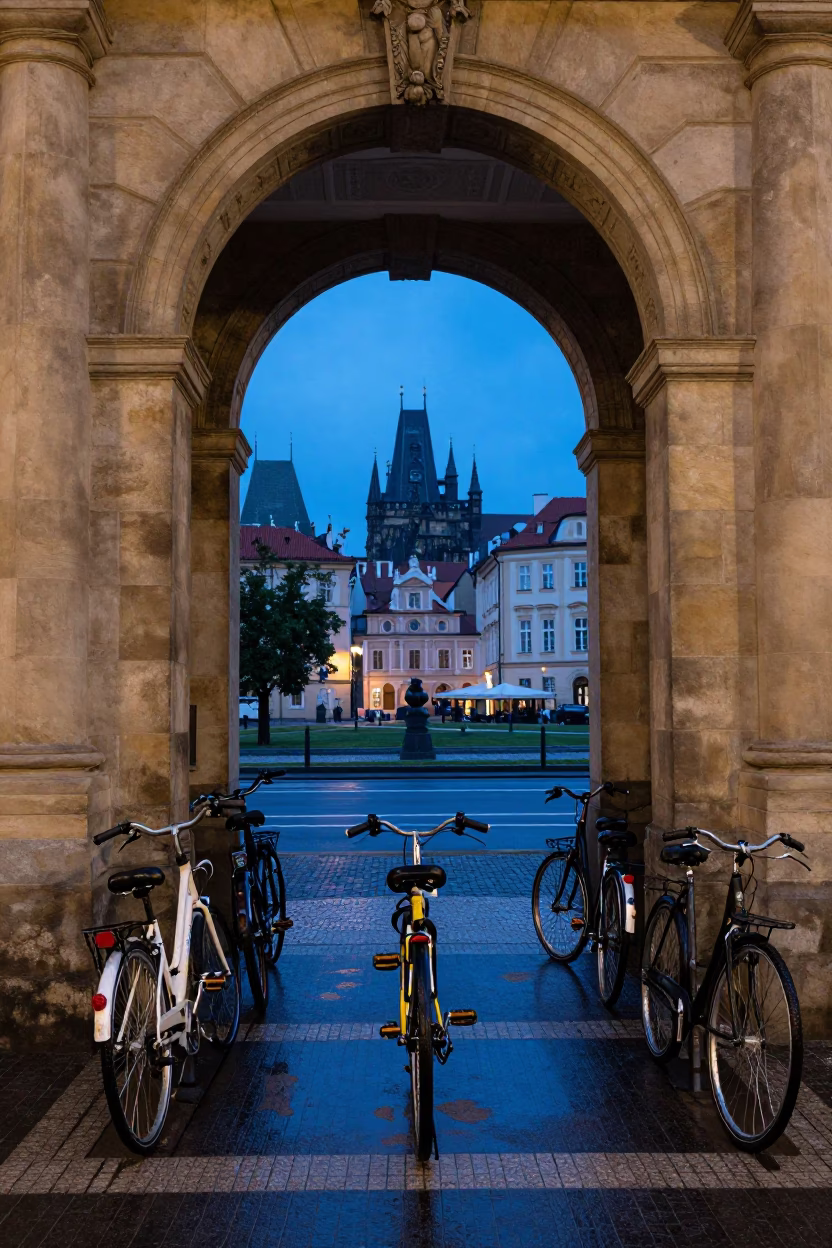 Prague Evening Blue Hour University Archway Wet Bicycle Rack and City Life in in Prague, Czech Republic