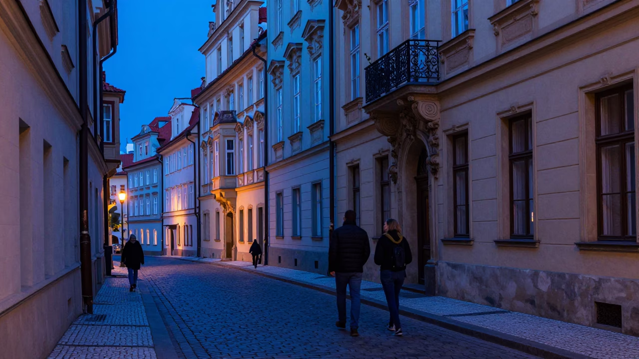 Prague Evening Blue Light Street Scene with Local Interaction and Cobblestone Details in in Prague, Czech Republic