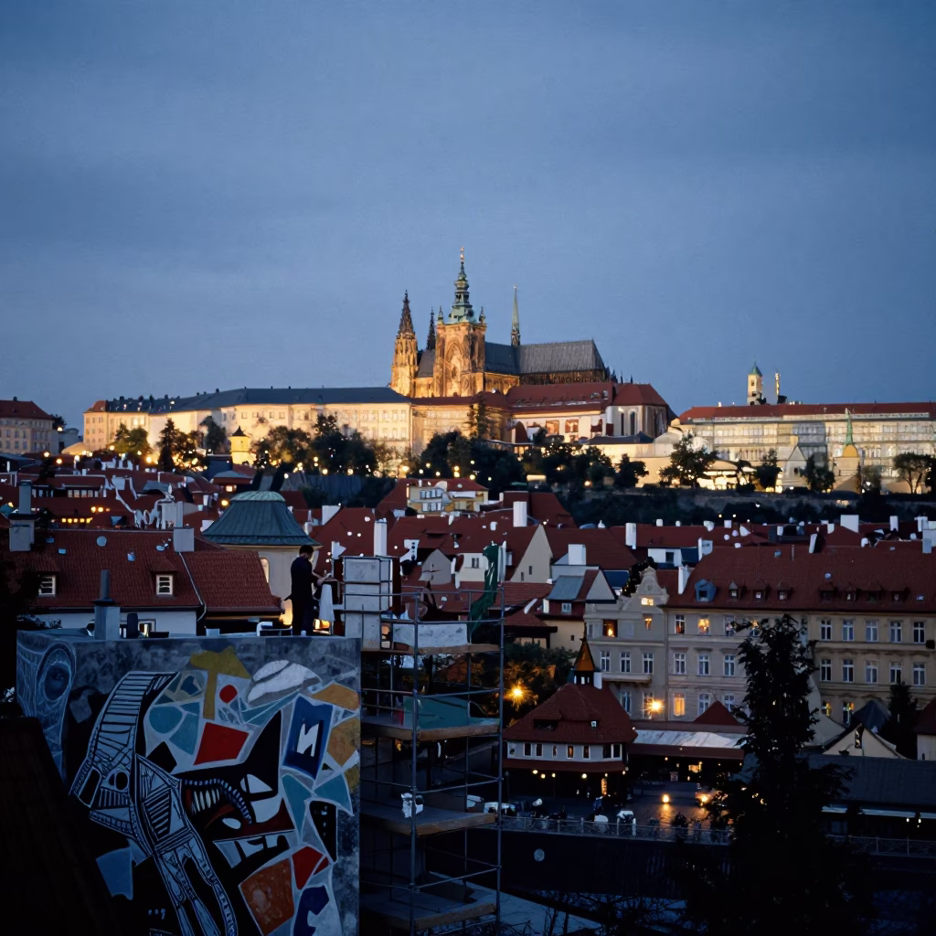 Prague Evening Cityscape with Muralist Painting Samples on Scaffold Platform at Twilight in in Prague, Czech Republic