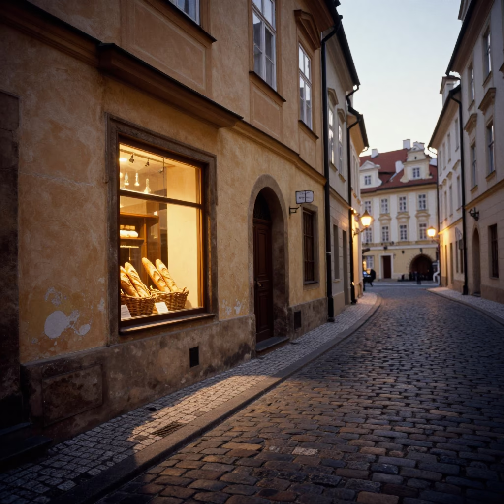 Prague Evening Light on Cobblestone Street with Baguettes and Paint Flecks in in Prague, Czech Republic