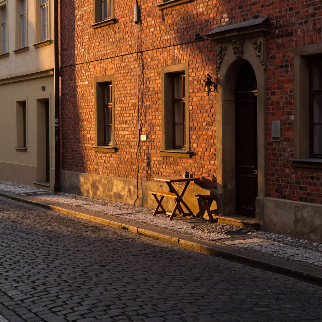 Prague Evening Light on Cobblestone Street with Figs and Hurricane Lamp in in Prague, Czech Republic