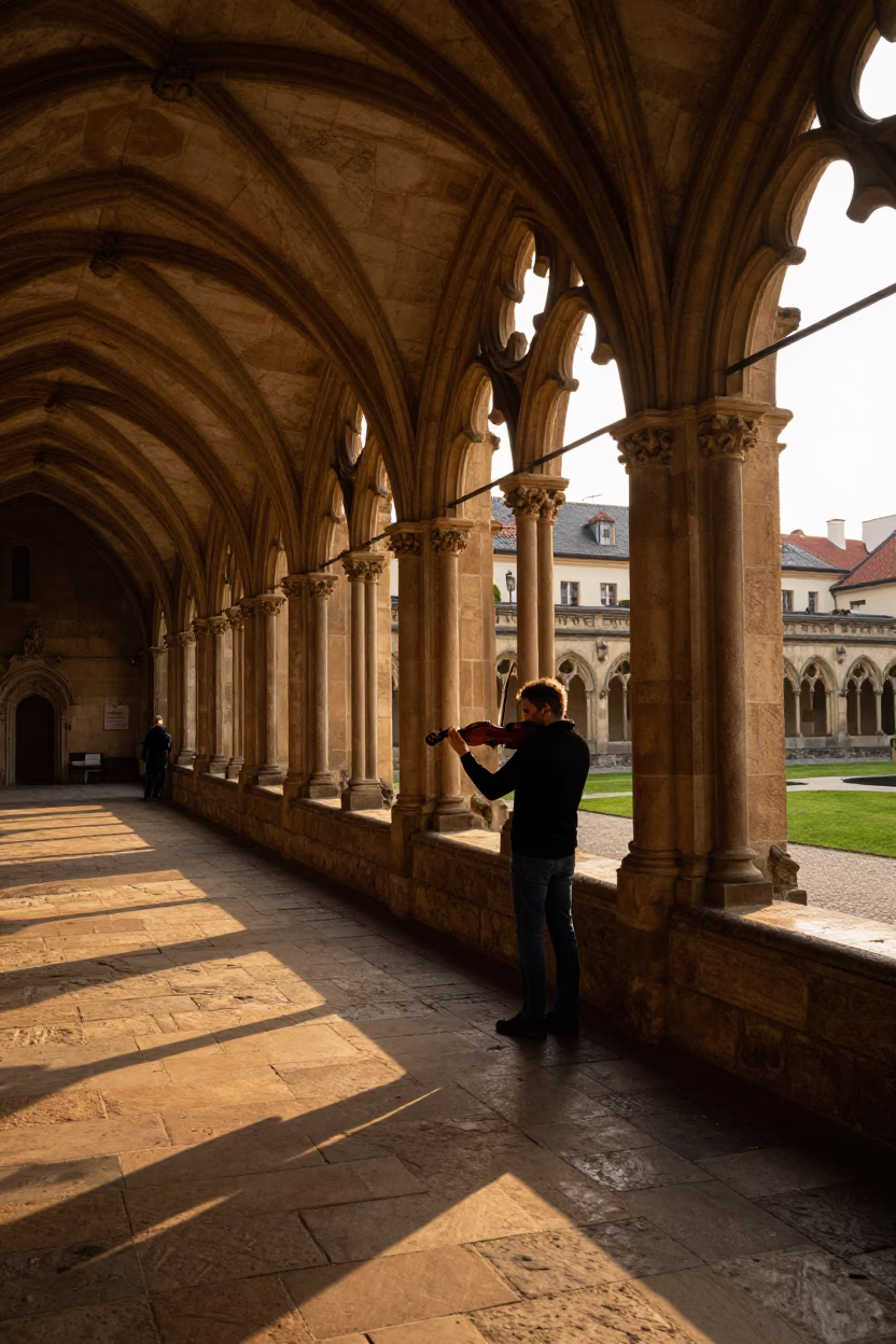 Prague Evening Light University Cloister Walkway with Violin and Stone Architecture in in Prague, Czech Republic