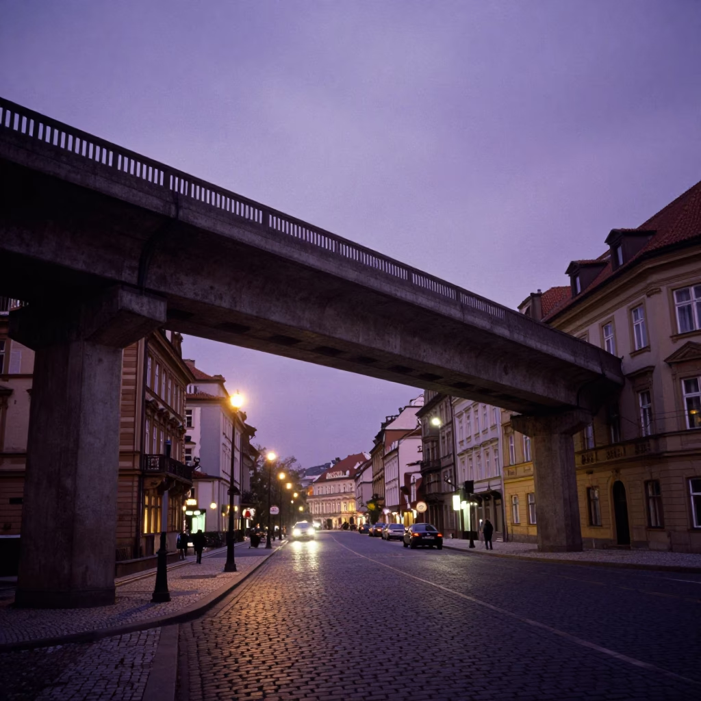 Prague Evening Overpass Ramp Slicing Violet Sky Above Cobblestone Street Scene in in Prague, Czech Republic