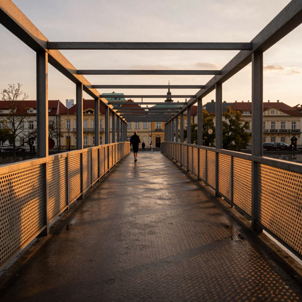 Prague Evening Pedestrian Overpass Wet Footsteps Perforated Metal and Urban Life in in Prague, Czech Republic