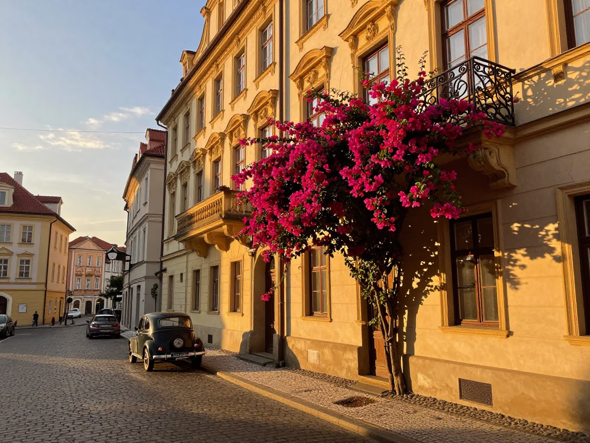 Prague Evening Street Scene with Bougainvillea and Vintage Car Rally in in Prague, Czech Republic