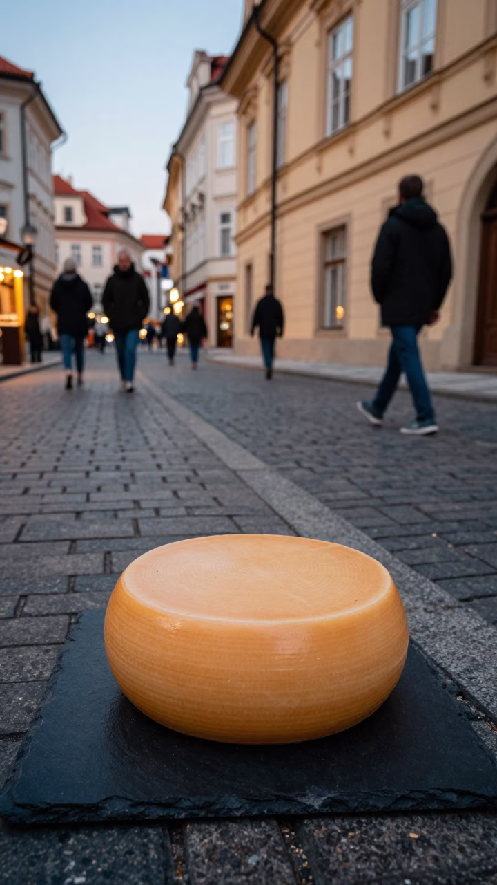 Prague evening street scene with ceramic beehive cheese dome and decanter on slate board in in Prague, Czech Republic