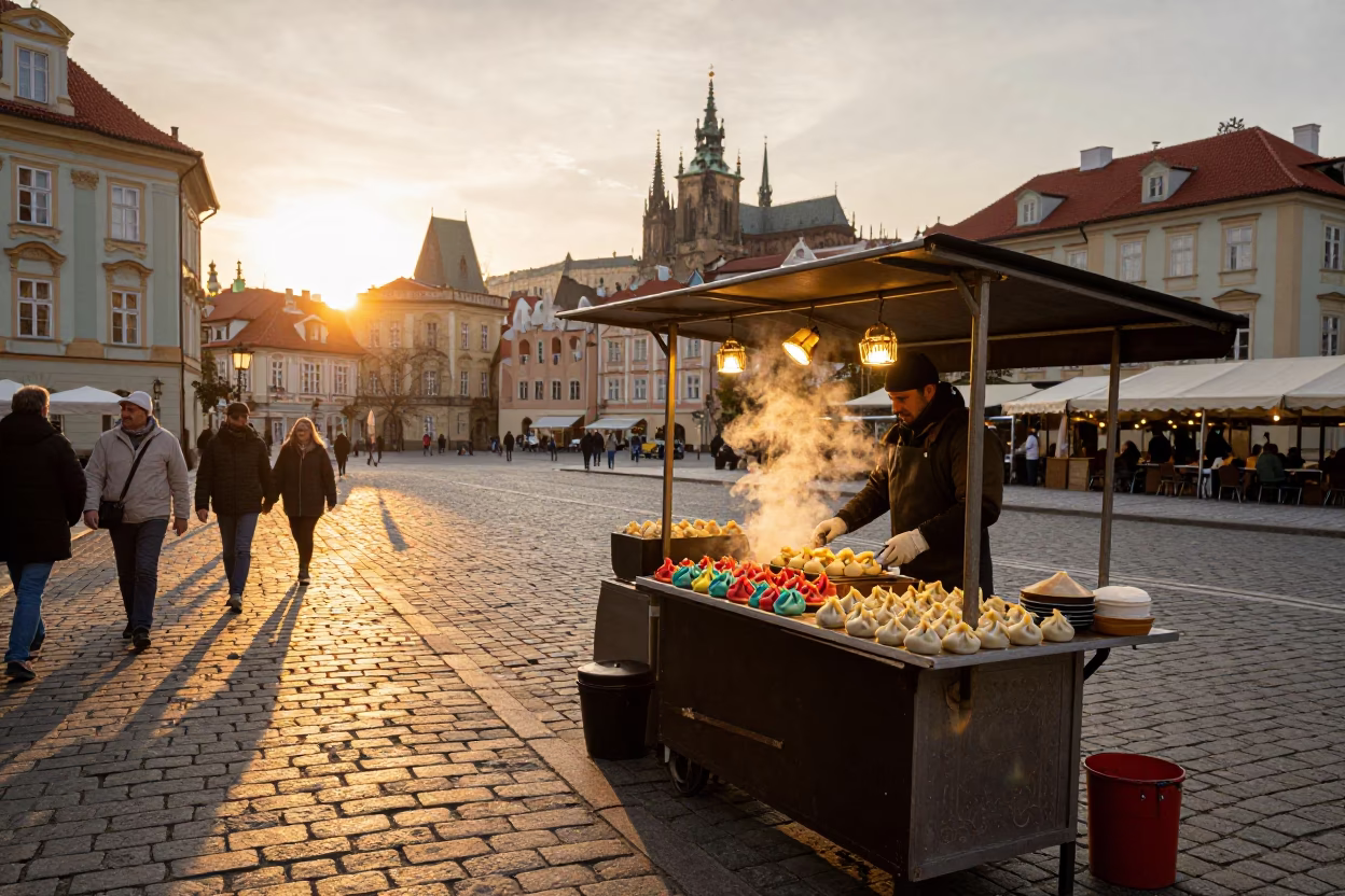 Prague Evening Street Scene with Colorful Manti Dumplings and Traditional Ceramic Bowl in in Prague, Czech Republic