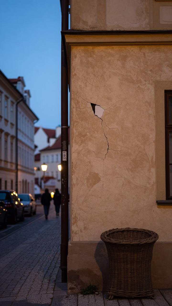 Prague Evening Street Scene with Cracked Stucco and Wicker Shadows in in Prague, Czech Republic