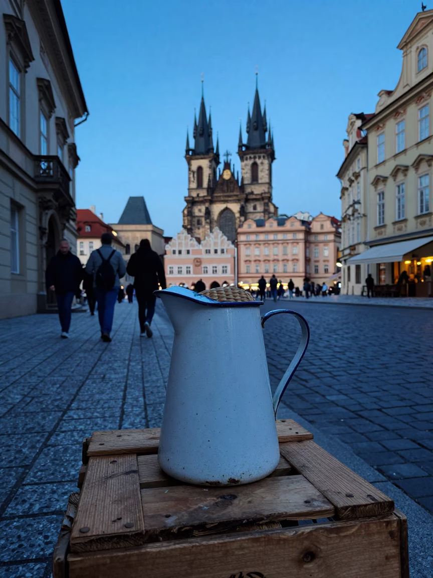 Prague Evening Street Scene with Enamel Pitcher and Woven Basket in Blue Hour in in Prague, Czech Republic