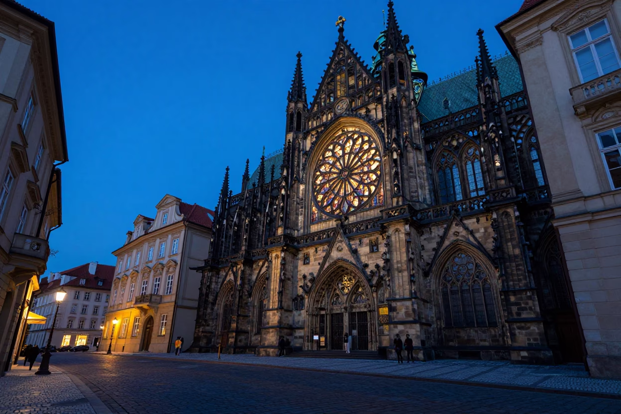 Prague Evening Street Scene with Gothic Rose Window Light and Local Life in in Prague, Czech Republic