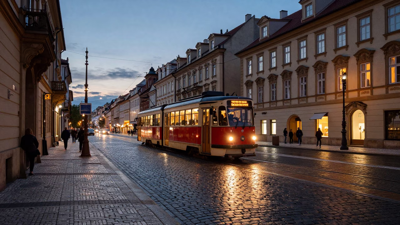 Prague Evening Street Scene with Heritage Tram and Cobblestone Avenue at Dusk in in Prague, Czech Republic