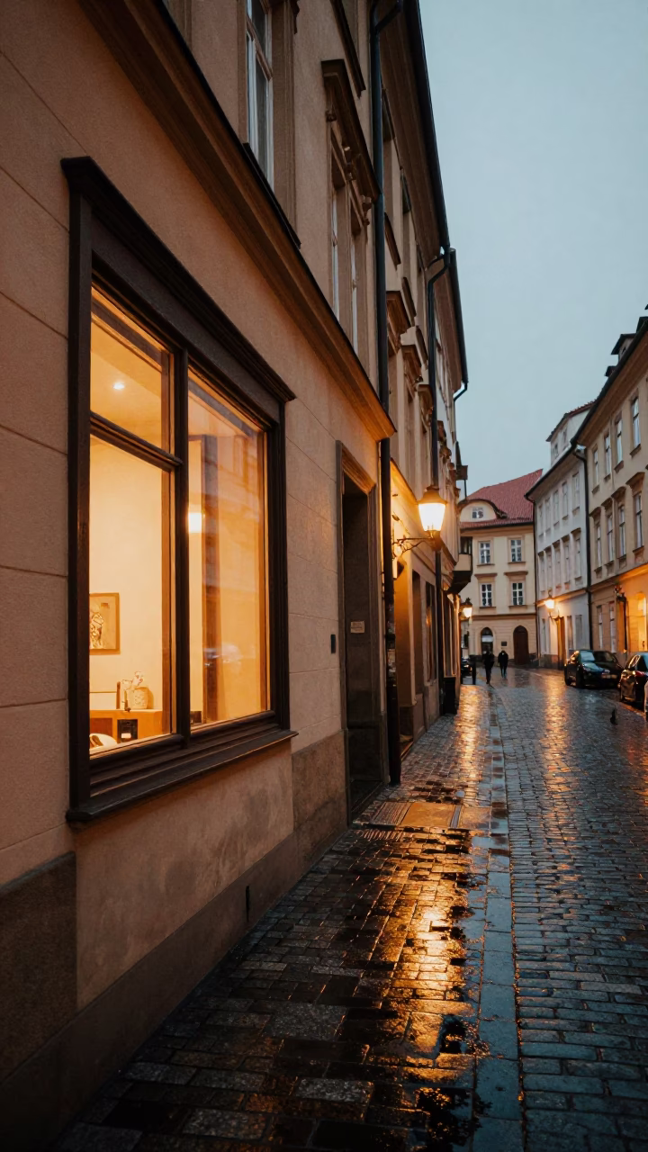 Prague Evening Street Scene with Hotel Window Reflections in Wet Pavement in in Prague, Czech Republic
