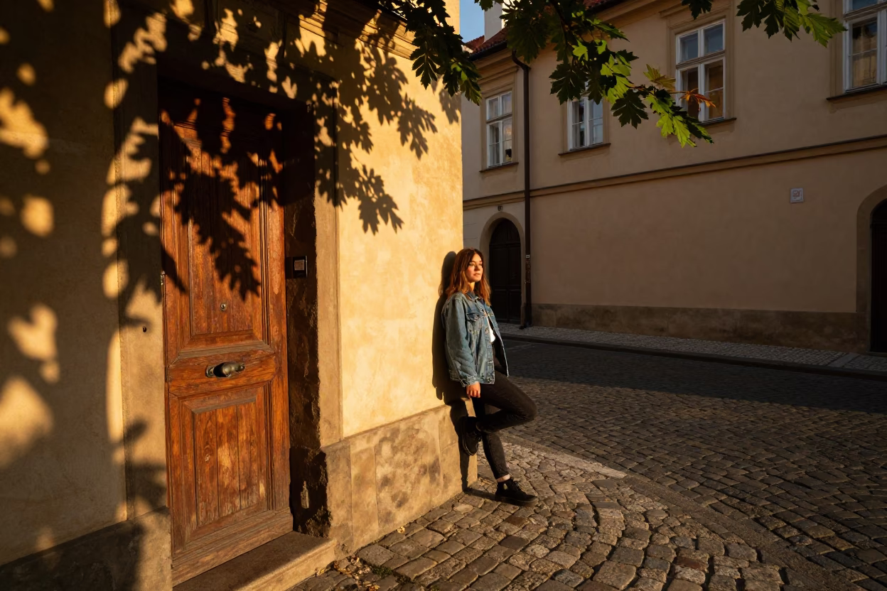 Prague evening street scene with leaf shadows on doorframe and strawberries in in Prague, Czech Republic