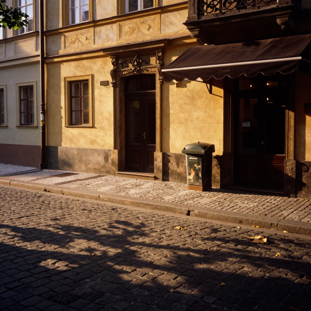 Prague Evening Street Scene with Leaf Shadows on Tiled Floor and District Heating Pipes in in Prague, Czech Republic