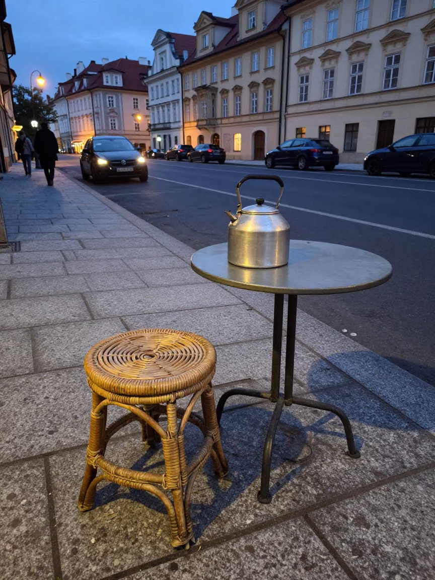 Prague Evening Street Scene with Rattan Stool and Kettle in 1950s Czech Republic in in Prague, Czech Republic