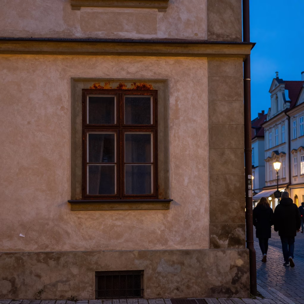 Prague evening street scene with rusted window details and vintage urban atmosphere in in Prague, Czech Republic