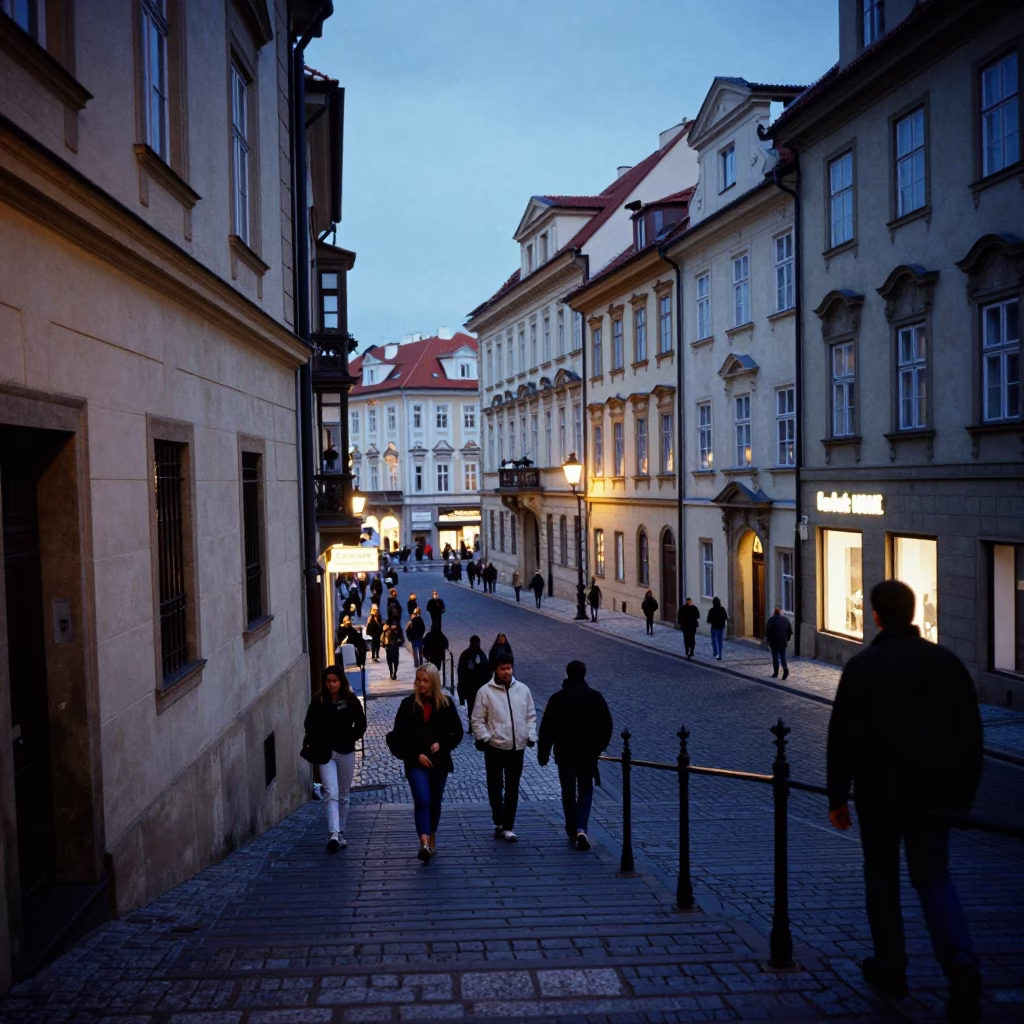Prague Evening Street Scene with Stair Rail and Urban Life in Czech Republic in in Prague, Czech Republic