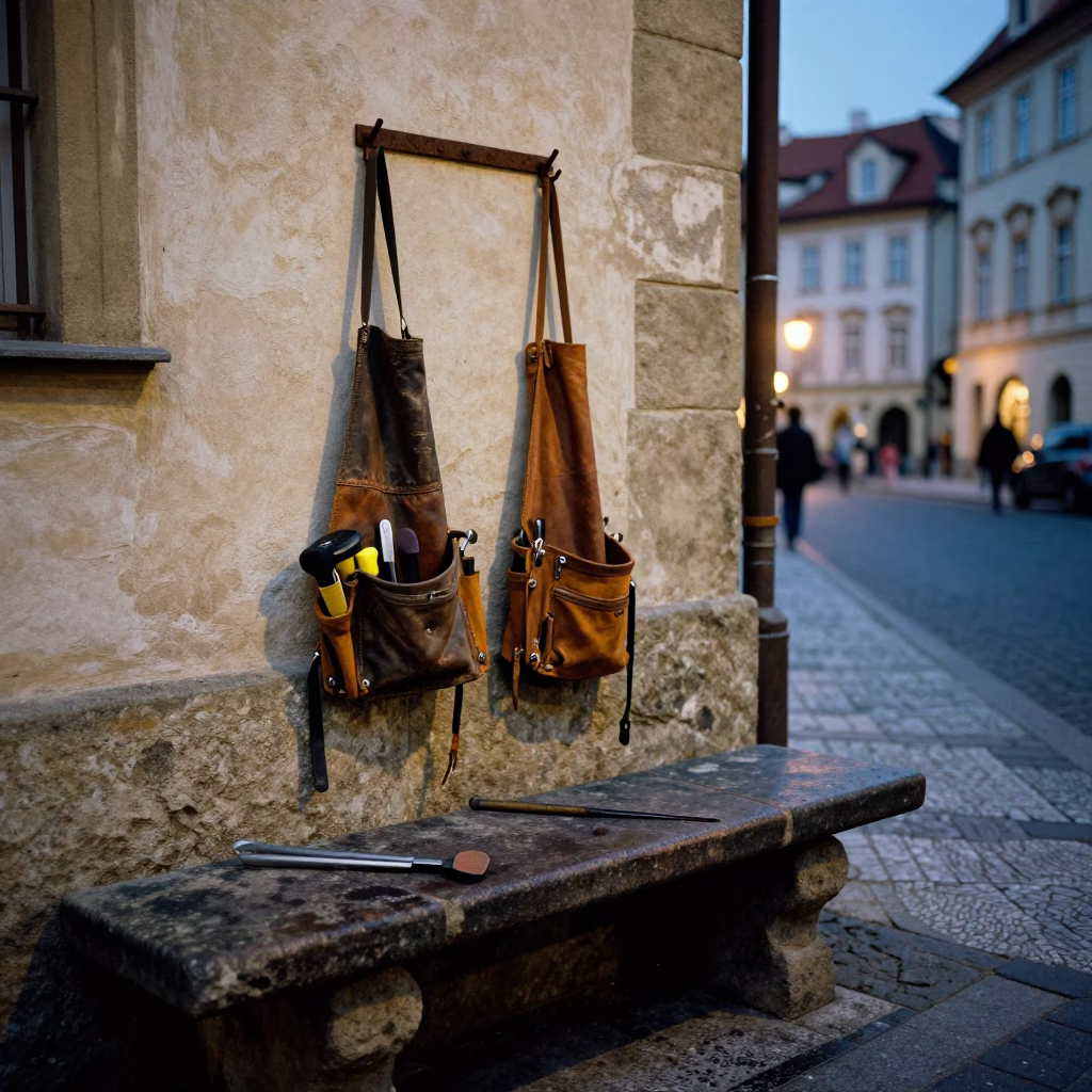 Prague evening street scene with stone bench and tool aprons at dusk in in Prague, Czech Republic