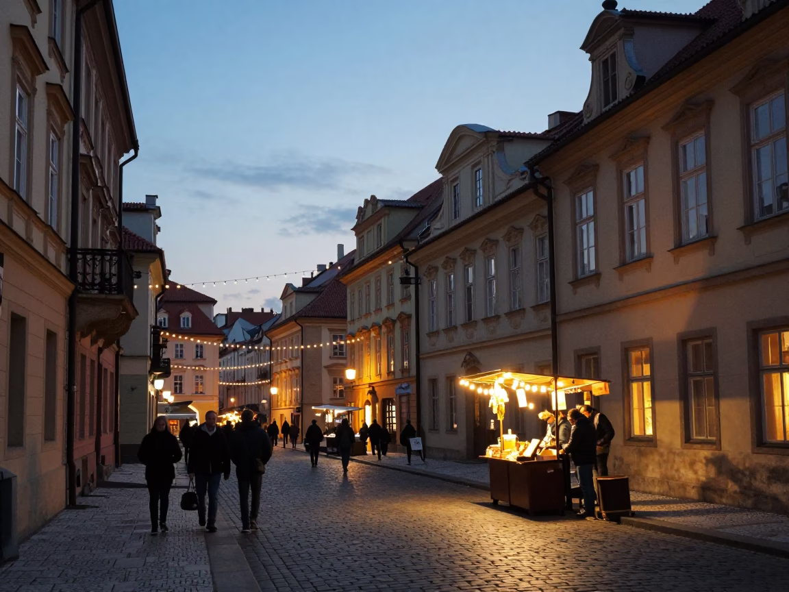 Prague Evening Street Scene with String Lights and Local Commerce in in Prague, Czech Republic
