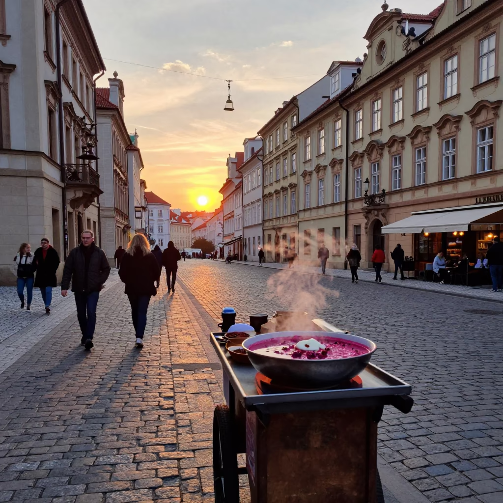 Prague Evening Street Scene with Traditional Borscht and Spices at Sunset in in Prague, Czech Republic