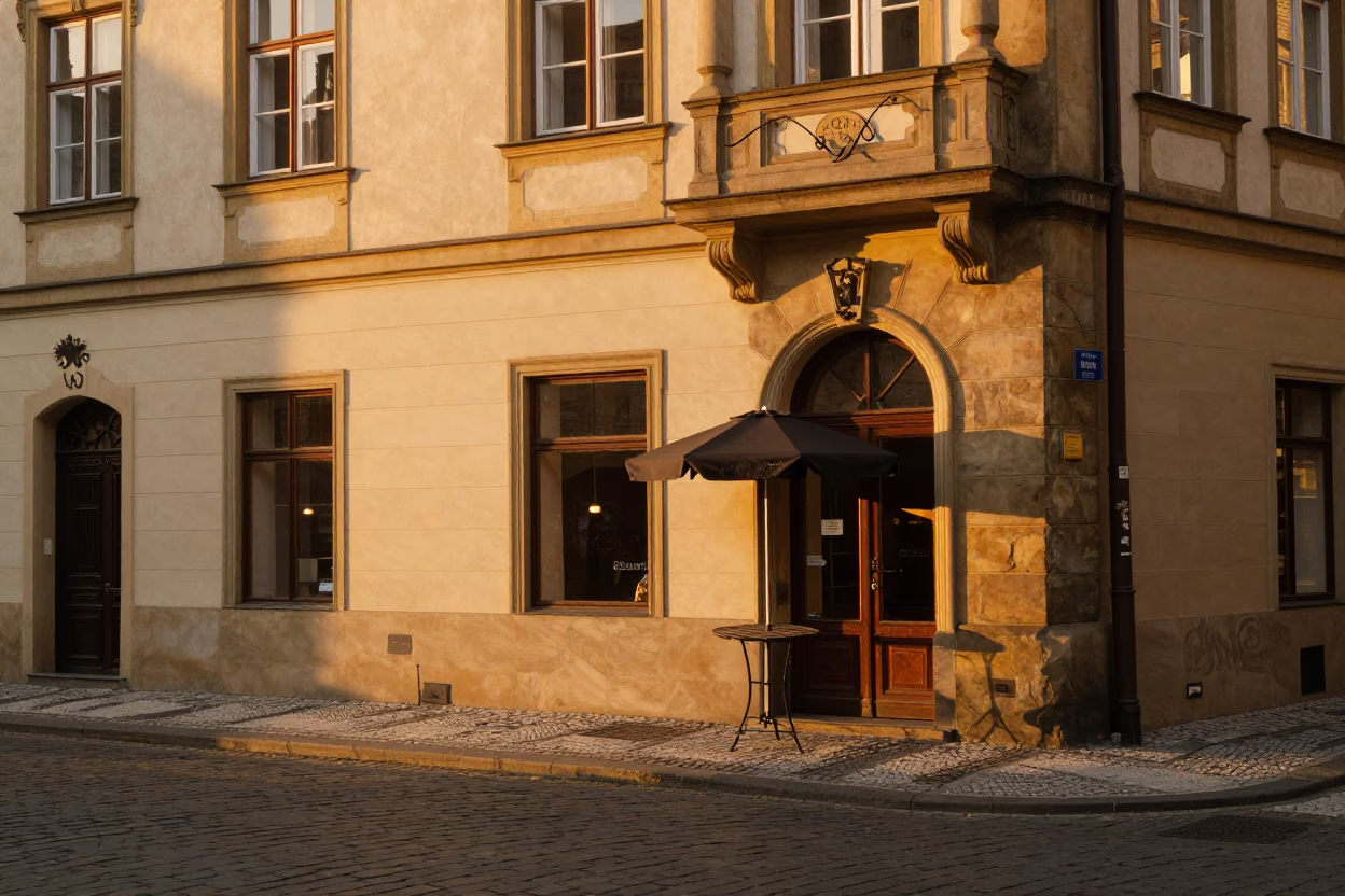 Prague Evening Street Scene with Umbrella Stand and Cobblestone Details in in Prague, Czech Republic