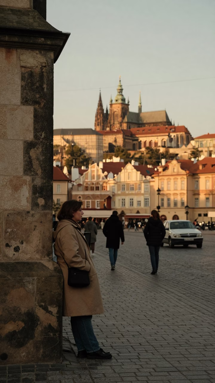 Prague Evening Street Scene with Vintage 1990s Aesthetic and Local Details in in Prague, Czech Republic