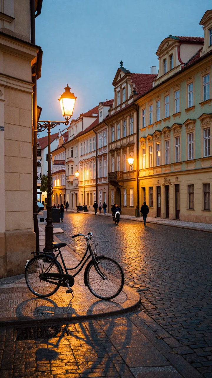 Prague Evening Street Scene with Vintage Bicycle and Colorful Urban Details in in Prague, Czech Republic