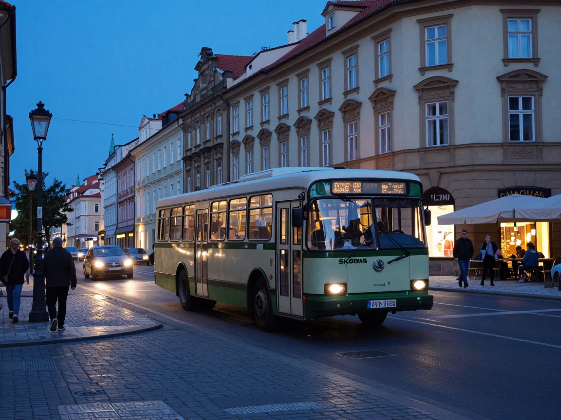 Prague Evening Street Scene with Vintage Bus and Local Market Basket in in Prague, Czech Republic