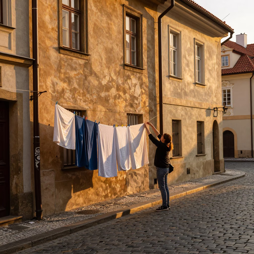 Prague Evening Street Scene with Vintage Laundry and Local Market Details in in Prague, Czech Republic