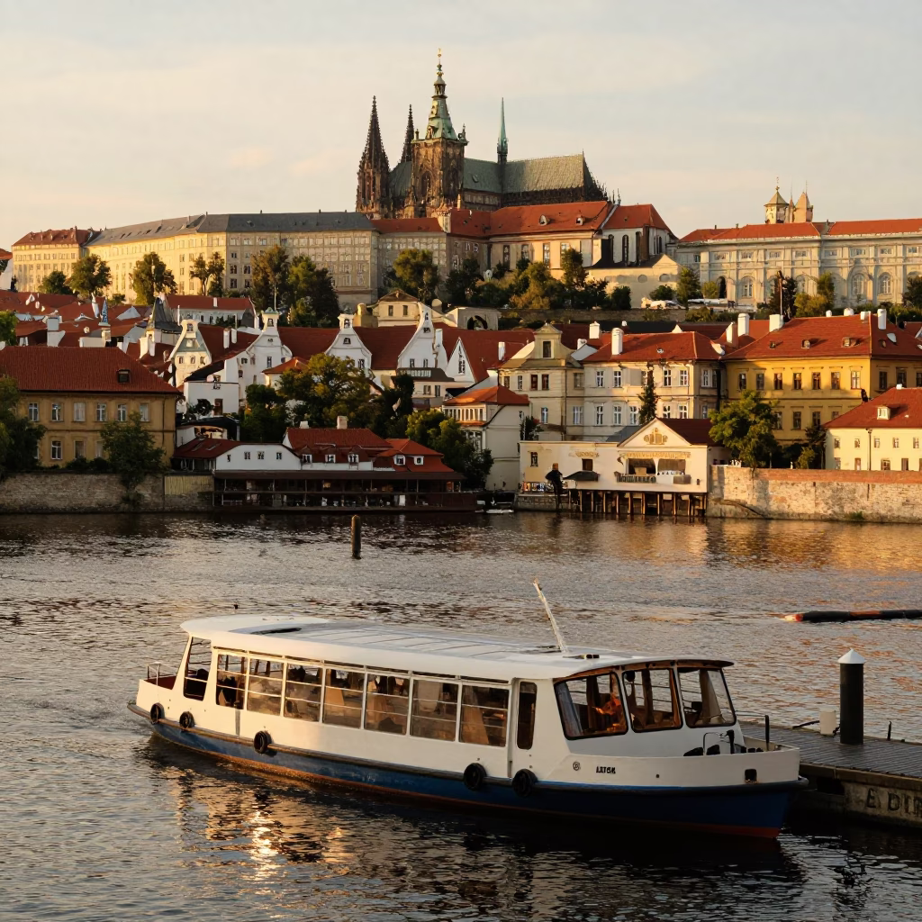Prague Evening Street Scene with Water Taxi Dock and Hotel Reception Details in in Prague, Czech Republic
