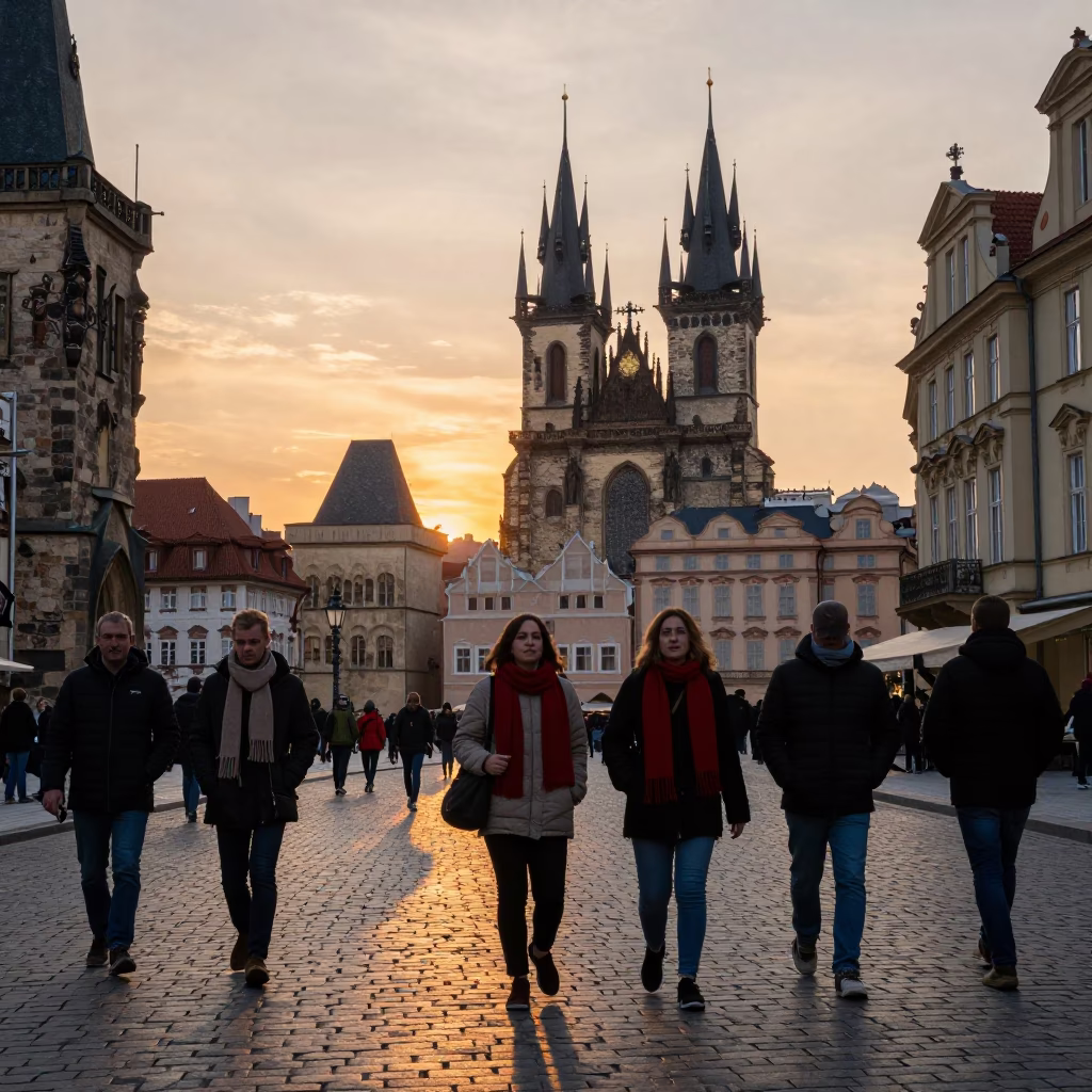Prague Evening Street Scene with Wool Scarves and Casual Pedestrians at Sunset in in Prague, Czech Republic