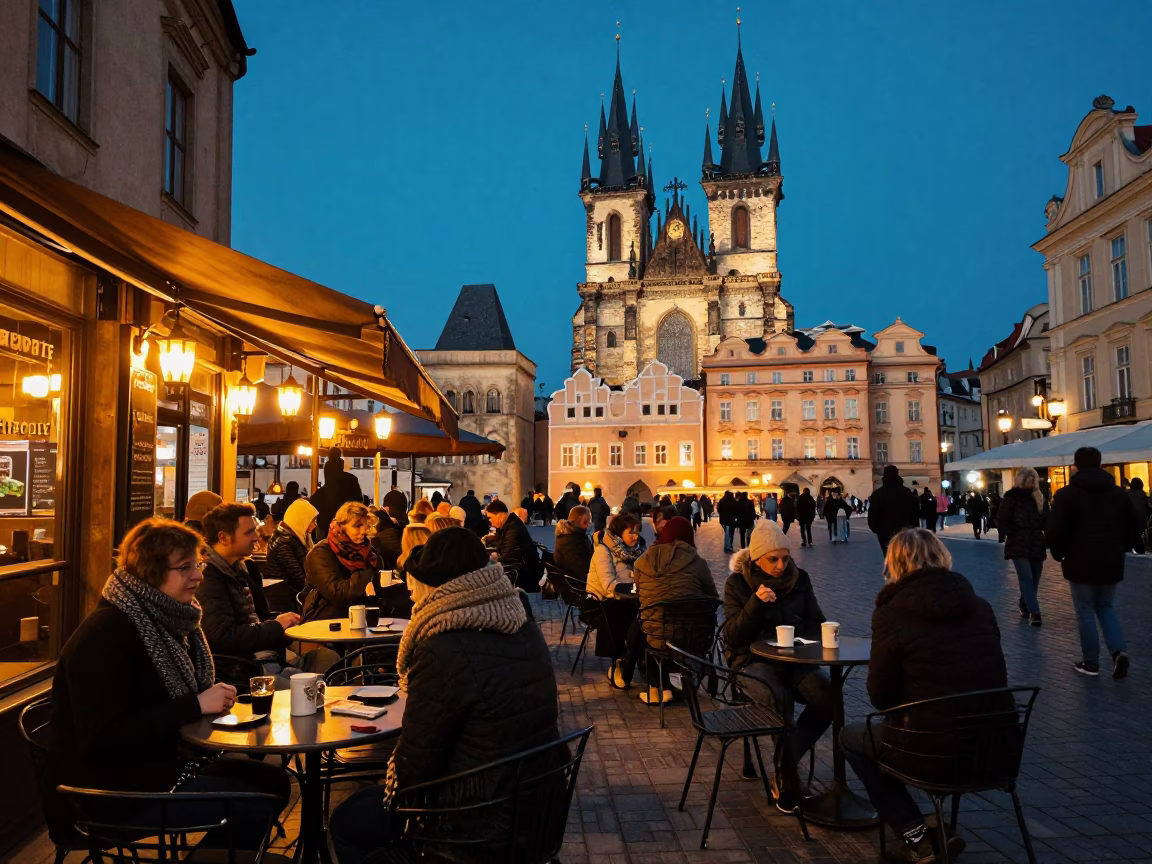 Prague Evening Street Scene with Wool Scarves and Vintage Coffee Grinder in in Prague, Czech Republic