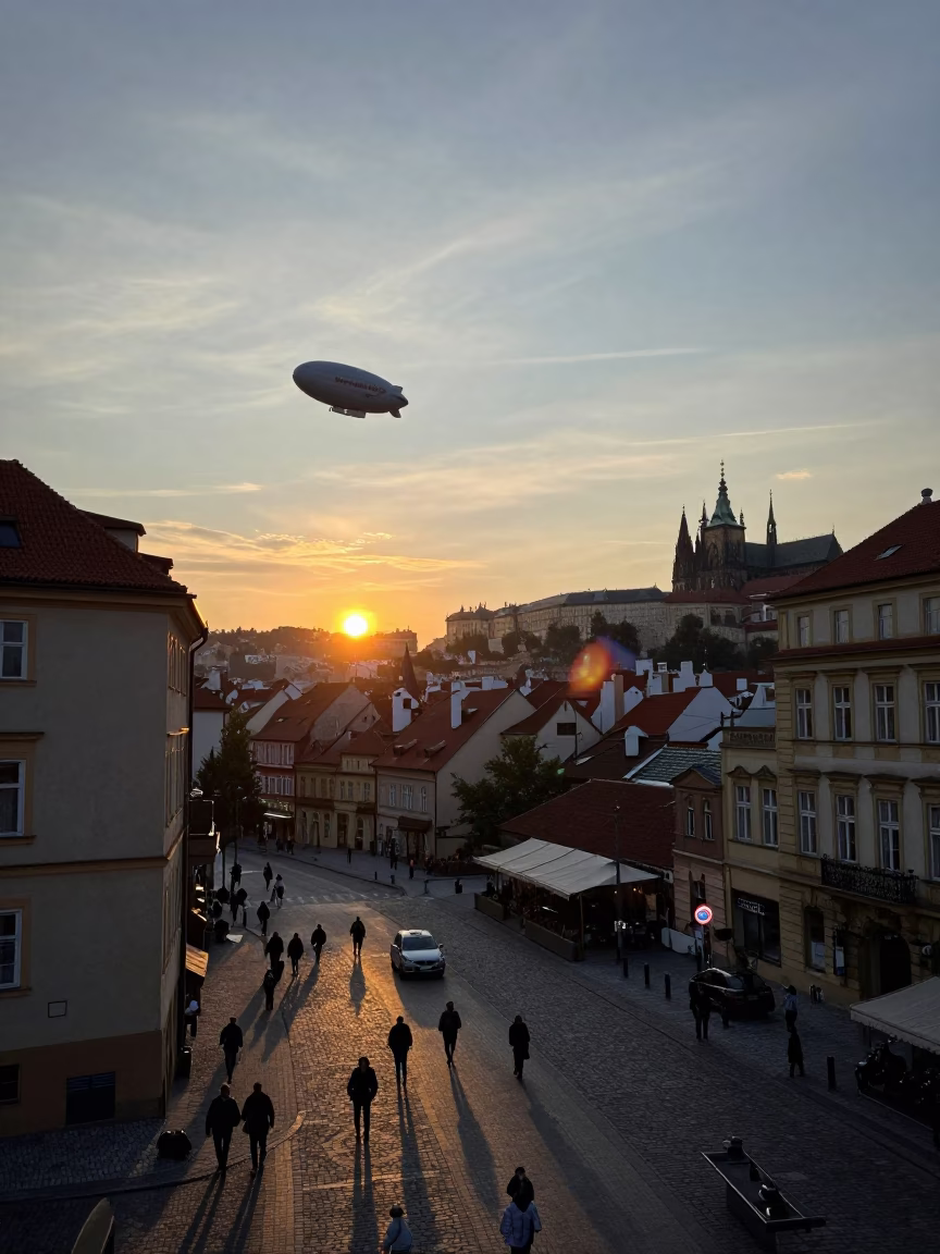 Prague Evening Street Scene with Zeppelin and Local Life in in Prague, Czech Republic