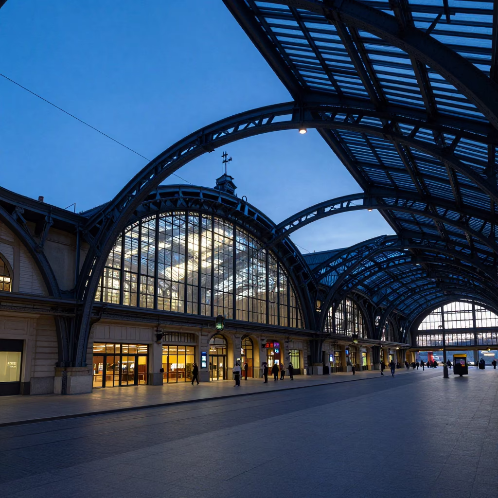 Prague evening twilight view of the historic train station architecture and steel roof in in Prague, Czech Republic