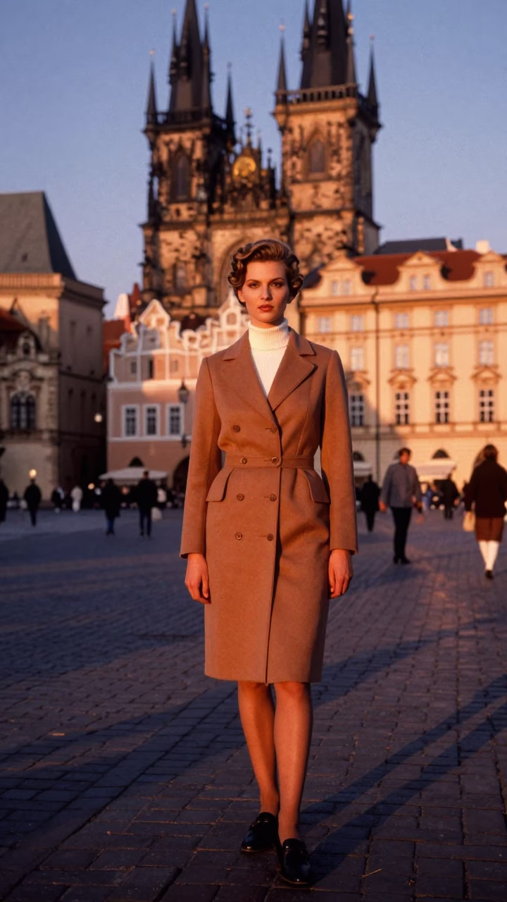 Prague Fashion Portrait at Copper-toned Light Before Dusk in in Prague, Czech Republic