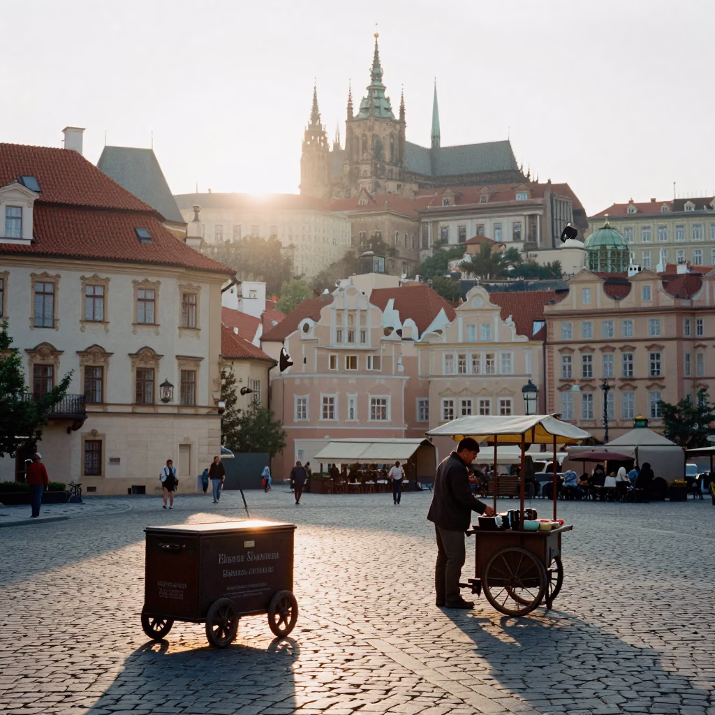 Prague First Light Street Scene with Vintage Hatbox and Glass Tumblers in in Prague, Czech Republic
