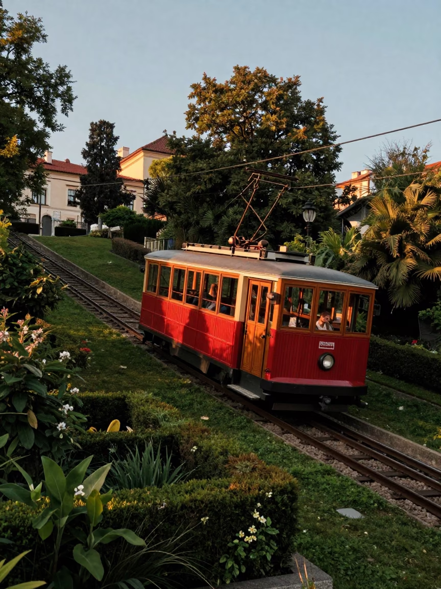 Prague Funicular Railway Climbing Petřín Hill in Honeyed Evening Light in in Prague, Czech Republic